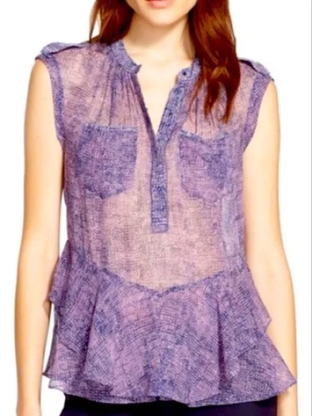 Rebecca Taylor Sheer Purple Peplum Sleeveless Silk Blouse